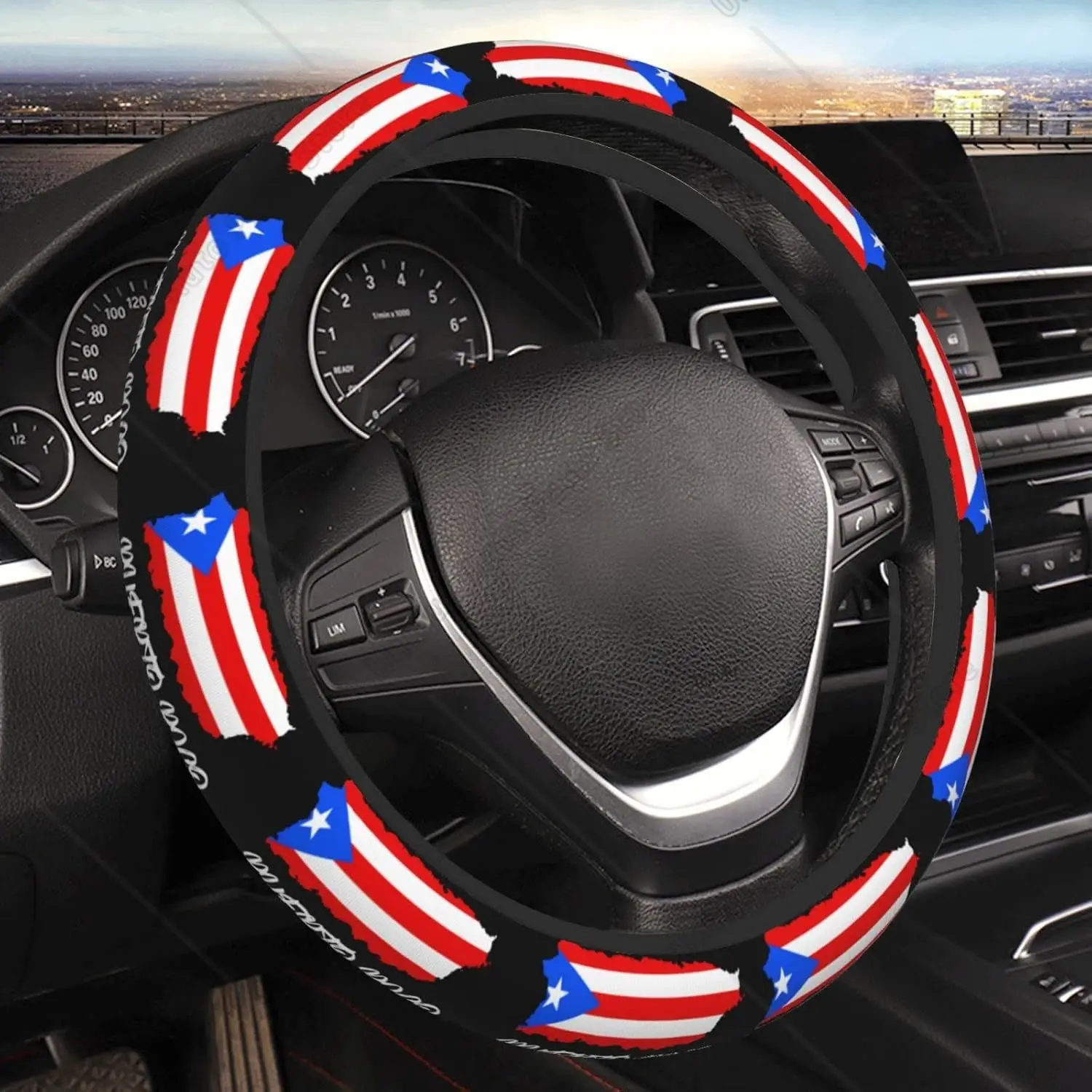 Flag Puerto Rico Island Map Steering Wheel Cover for Men Women Anti-Slip Elastic Thickened Steering Wheel Cover 15 Inch