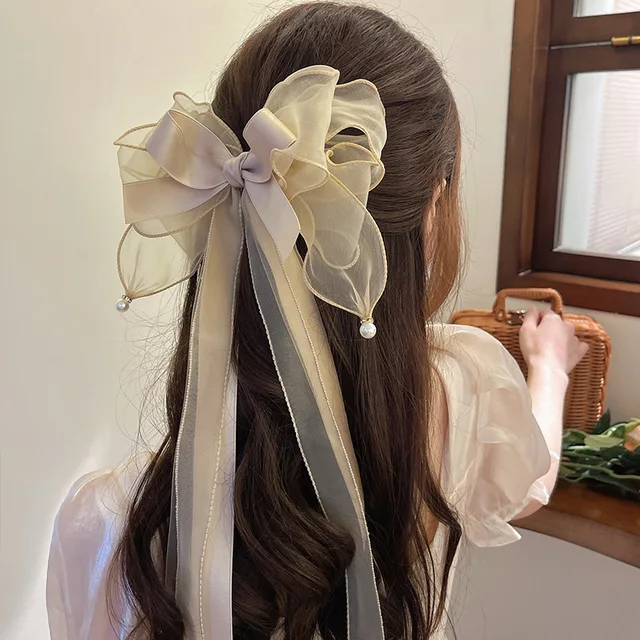 Moda szyfonowa kokarda spinka do włosów kobiety duża elegancka szpilka Barrettes dziewczyny jednokolorowy kucyk klip akcesoria do włosów nakrycia głowy prezent
