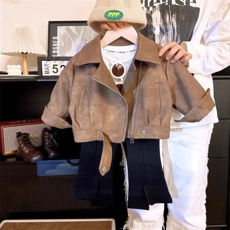 

New Children's Loose Collar Retro Motorcycle Suit Handsome Coat Spring and Autumn Girls' Leather Jacket