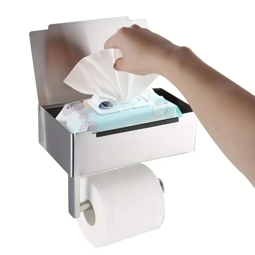 

Stainless Steel Toilet Paper Holder Waterproof Storage Box Wall Mounted Wipe Dispenser Self-Adhesive Multi-Functional
