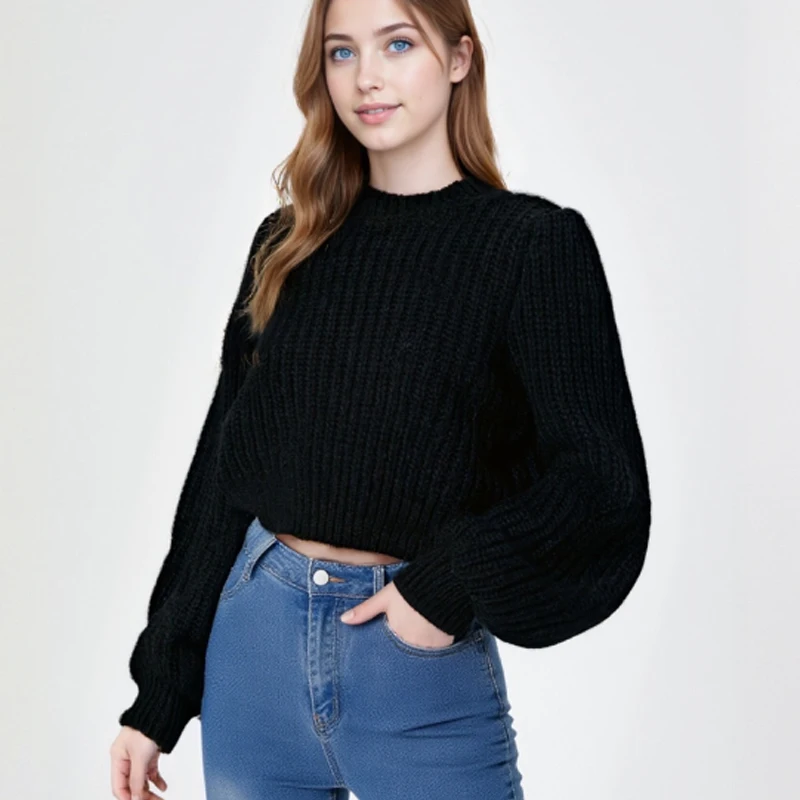 

Модный простой свитер с длинным рукавом и круглым вырезом, свободные повседневные укороченные свитера с скользящим вырезом, элегантный короткий вязаный топ, осенний пуловер, трикотаж