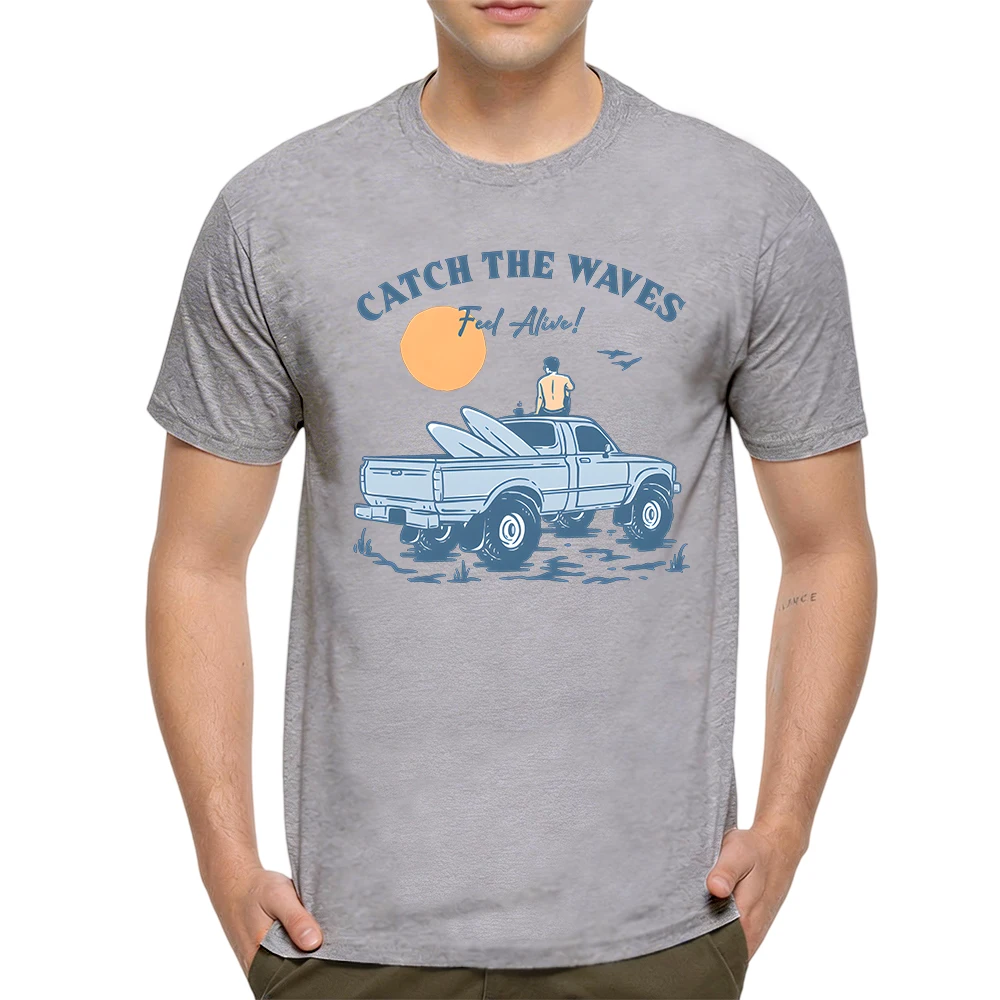 Mens 100% Cotton Short Sleeve T Shirt Catch The Waves Feel Alive Retro Surfboard Pickup Truck Graphic Print Vacation Daily Tees