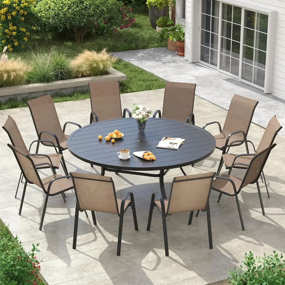 

Brown Fabric Stackable Patio Chairs with Black Tabletop and Umbrella Hole Metal Slatted Table