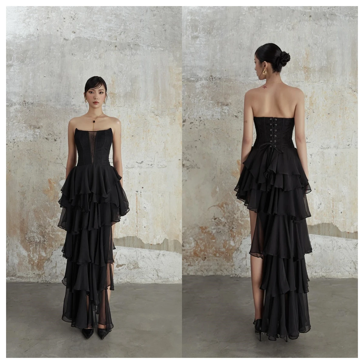 

Customized Classic Black Chiffon Evening Dress Strapless Sleeveless Homecoming Dress Special Occasion Gowns Lace Up Back