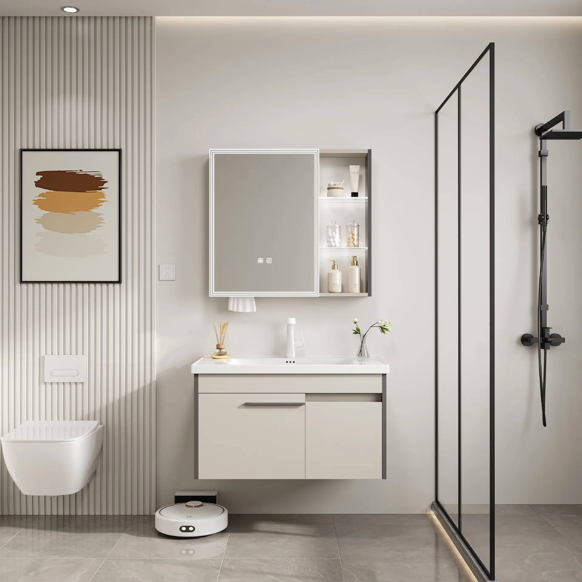 

Bathroom Cabinet Vanity With Ceramic Sink Furniture Combination Smart Mirror Cabinet Lacquered Luxury Floating Type Basin Sink