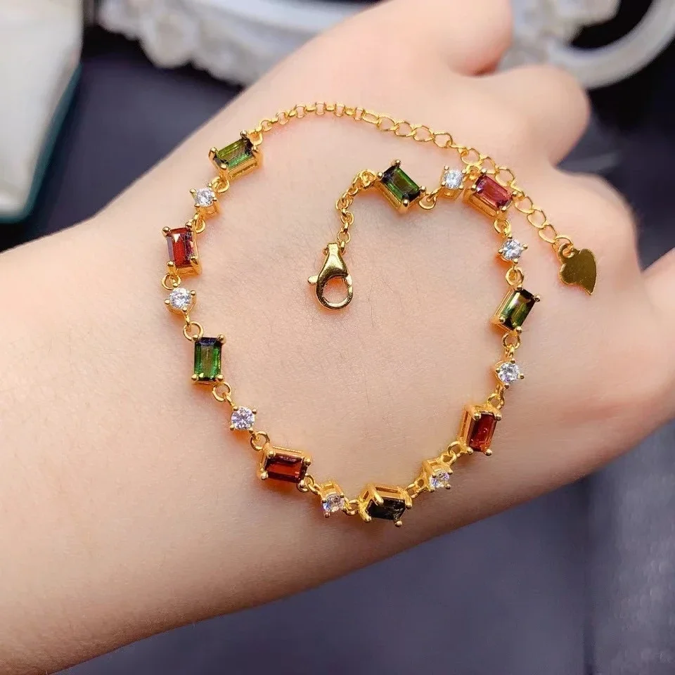 Multi Color Natural Tourmaline Bracelet 3mm*5mm Total 2.7ct Genuine Tourmaline 925 Silver Jewelry