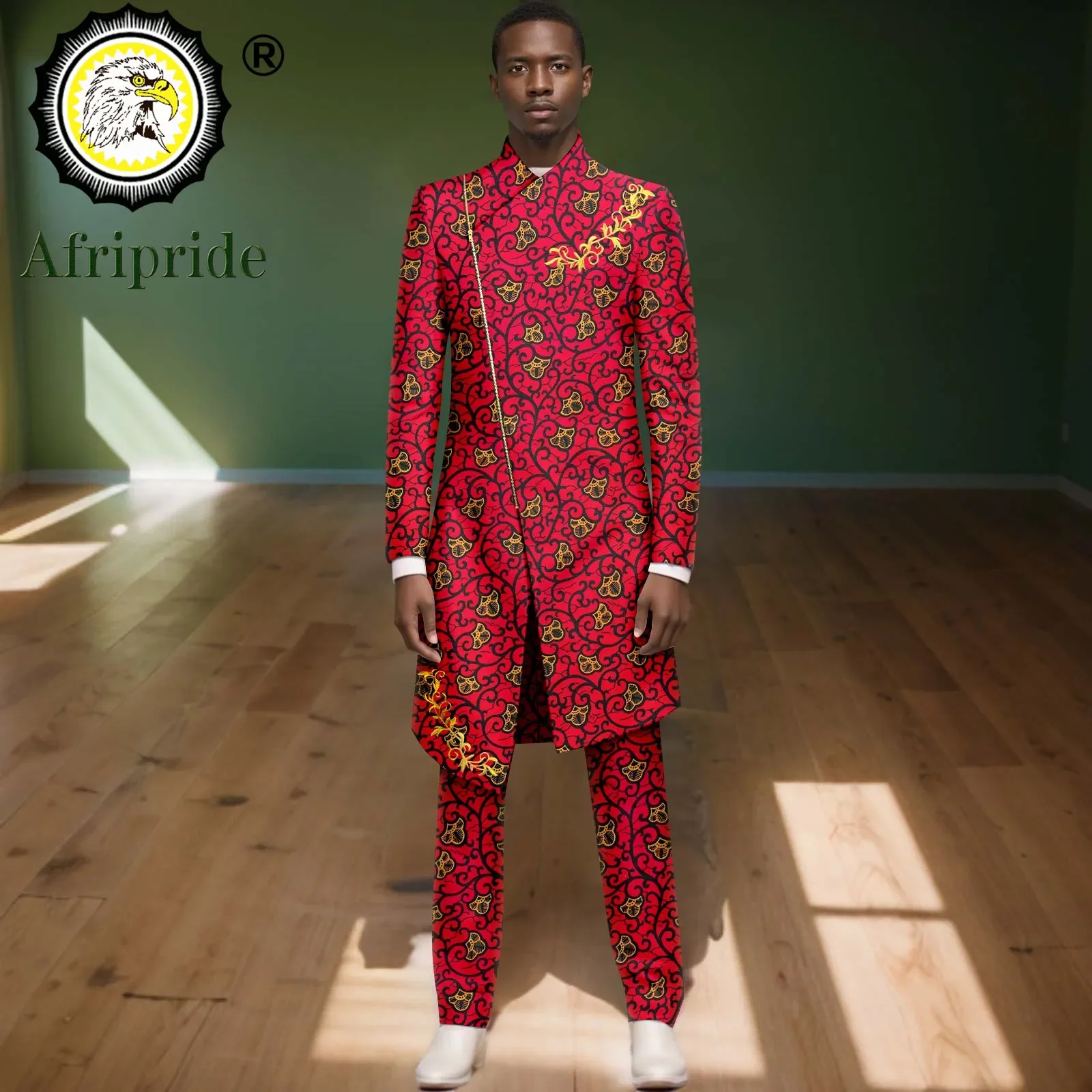 African Suits for Men Embroidery Slim Fit Zip Jacket and Pants 2 Piece Set Dashiki Outfits Print Attire for Wedding 2416050