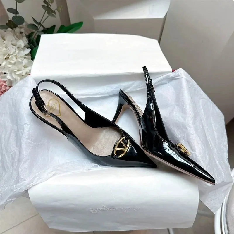 Black Patent Leather Heeled Sandals Summer 2025 New Elegant Woman Thin High Heels Pointed Toe Sexy Fashion Party Women's Sandals