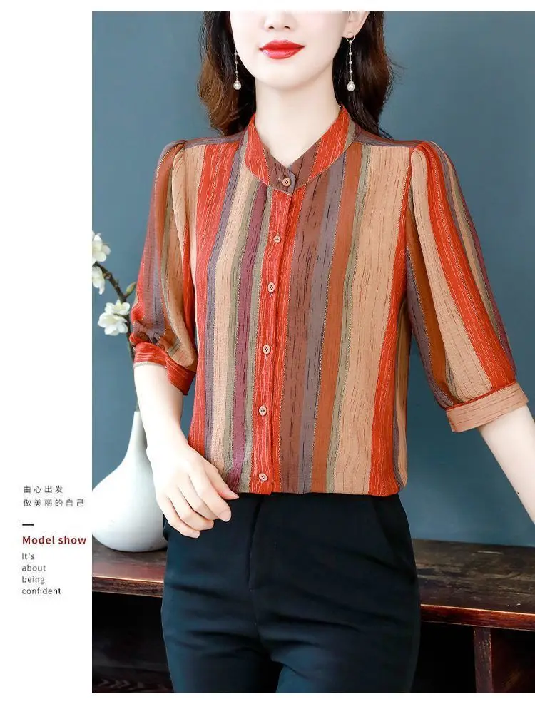 New Women's Short-sleeved Striped Blouse Printed Mother's Outfit Large Size Fashionable