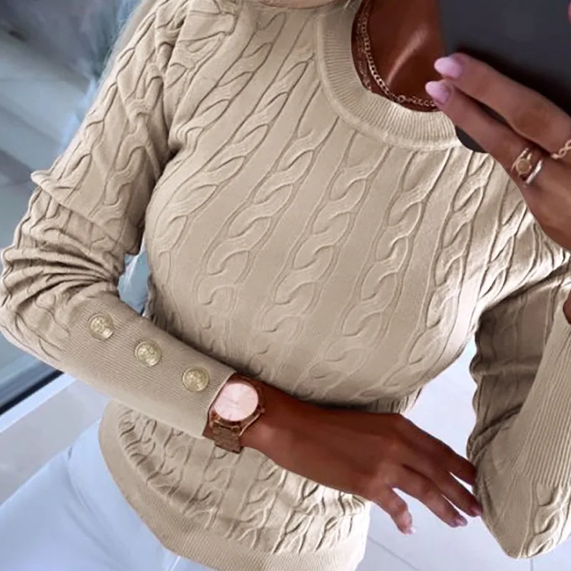 

Новинка весна-осень 2024 женская одежда однотонный текстурный свитер высокого качества с круглым вырезом и длинным рукавом