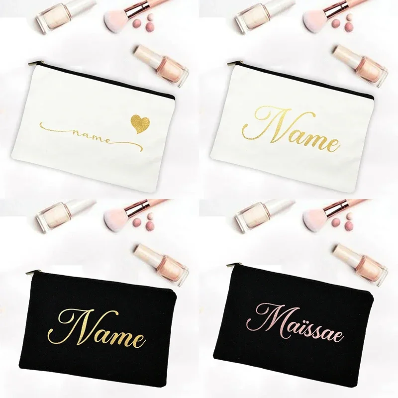 

Custom Name with Heart Makeup Bag Canvas Cosmetic Case Wedding Bachelorette Party Gifts Bridesmaid Gold Letter Print Pouch Bags