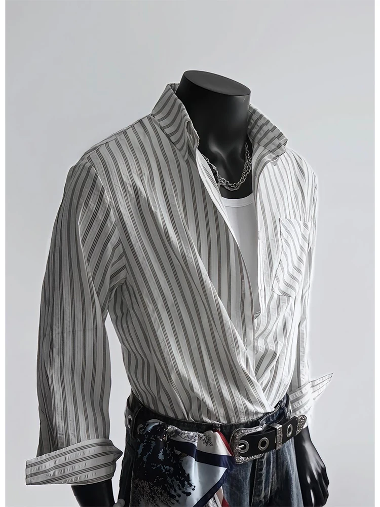 

White Stripe Bubble irt Men's Long Sve Autumn Trendy Design Japanese Sle Lazy Feel Open Cardigan Outerwear Casual Faion