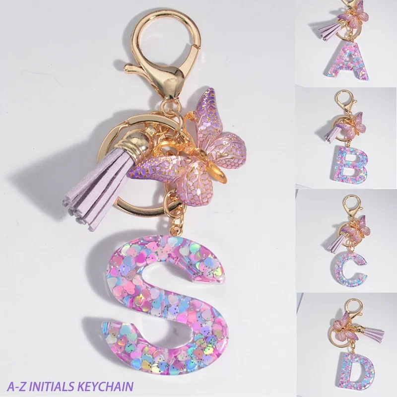 A-Z dreamy sequin letters keychain for women tassel butterfly pendant initial keyring purse suspension bags charms car key chain