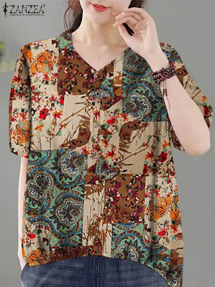 ZANZEA-Blusa de algodón con estampado Vintage para Mujer, camisa informal elegante con cuello en V, holgada, con botones, de manga corta, para verano, 2024