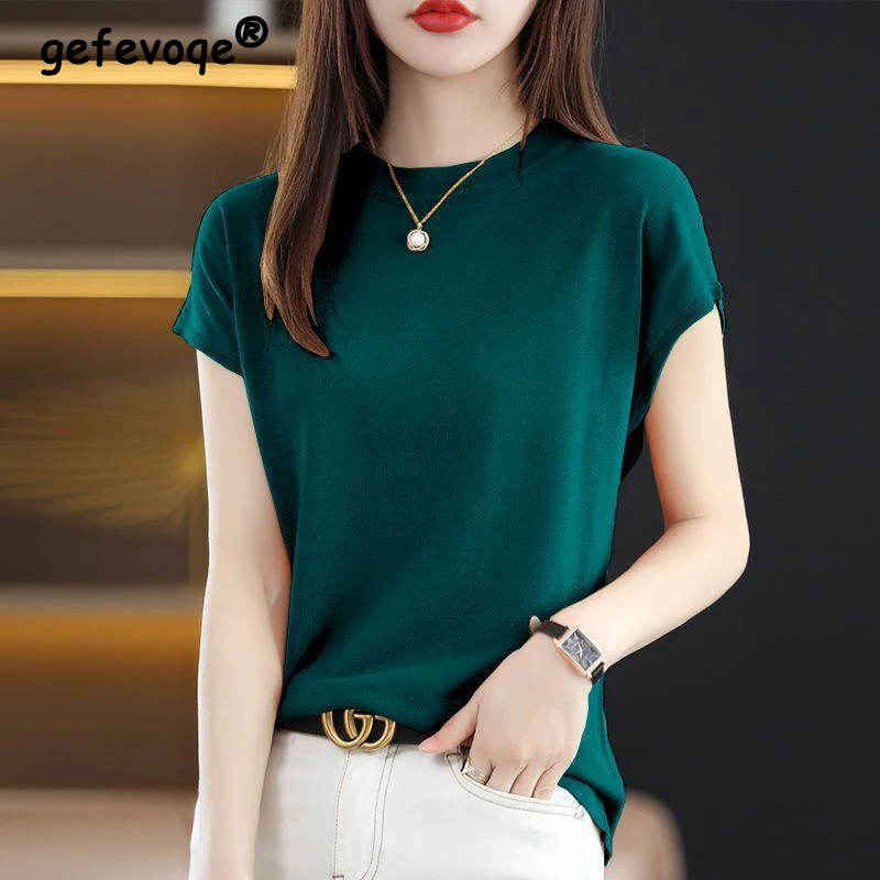 Dameskleding Koreaanse Mode Eenvoudige Casual Gebreide T-Shirts Met Korte Mouwen Zomer Dames O-Hals Effen Losse Pullover Basic Tops