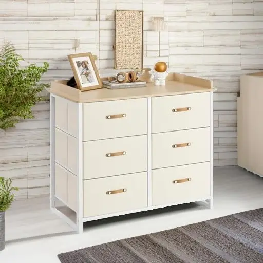 Kids Dresser 6 Drawers, Water-Resistant Top, Beige, Storage Cabinet for Bedroom or Hallway