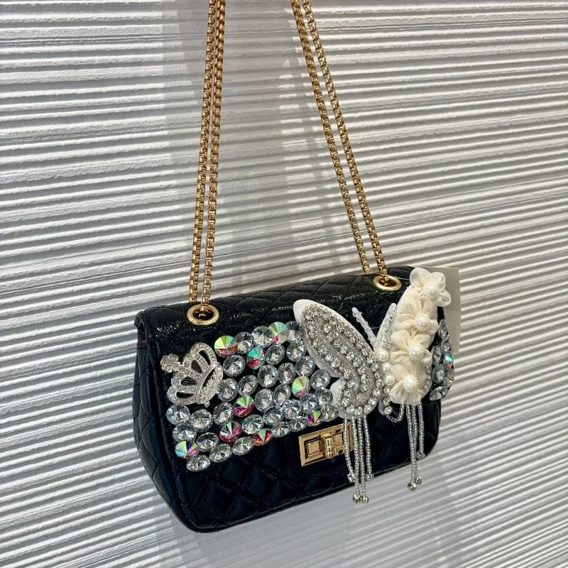 

Luxury Classic High-end Diamond Lattice Evening Clutch Bag Women Handmade 3D Butterfly Pearl Rhombus Handbag Shoulder Bag