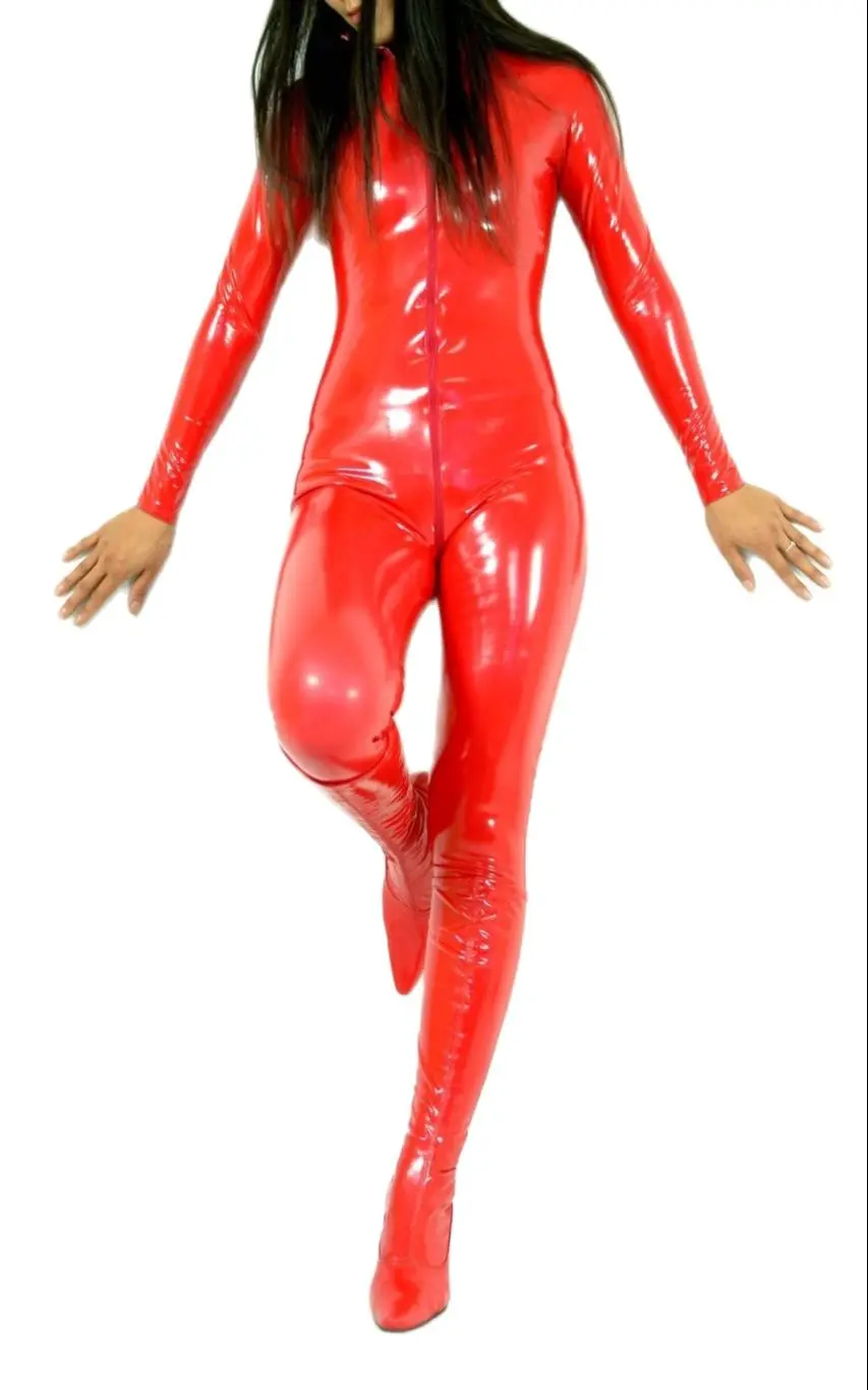 Wykonane na zamówienie kobiety Sexy PVC Zentai kombinezon przebranie kombinezon bez stóp (bez butów) dla impreza z okazji Halloween zamek błyskawiczny z przodu do bioder