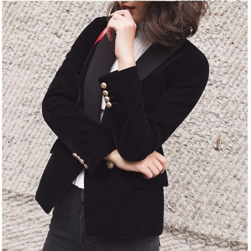 ベルベットの女性用ブレザー、小さいサイズのスーツ、春と秋の新作、長袖、エレガントでスリムなメタルボタン付きサテンのトップス、アウターウェア