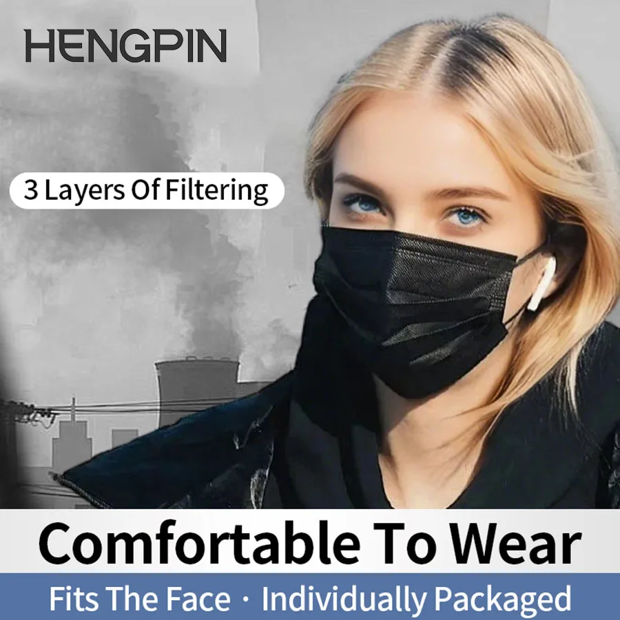 50 قطعة من قناع HENGPIN مكون من 3 طبقات من القماش الذائب للاستعمال مرة واحدة، قناع واقٍ من الغبار، قناع أسود غير منسوج للبالغين