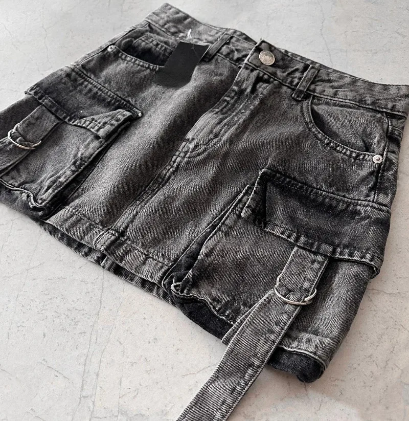 High Street Hip Hop Multi-pocket Patchwork Denim Skirt Gothic Retro High Waist Plaid Skirt Y2k Loose Sexy Women Mini Skirt