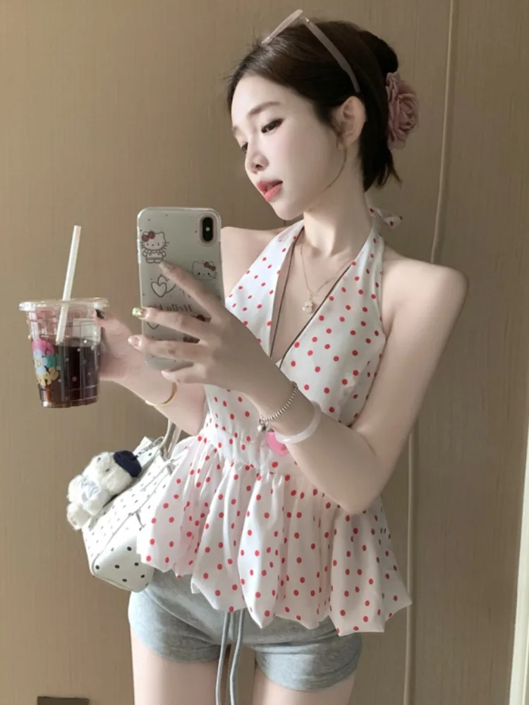 

Sweet Style Polka Dot Halter Neck Crop Top Women's Slim Fit Summer New Arrival Sexy Waist Cinching Strap Vest City Walk Ready