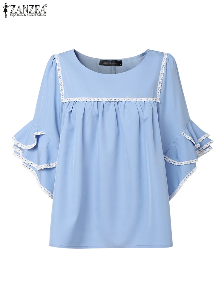 

ZANZEA Loose Lace Trim Gathered Blouses Women Casual O-Neck Layered Flare Sleeve Blusas Mujer Stylish Everyday Solid Color Tops