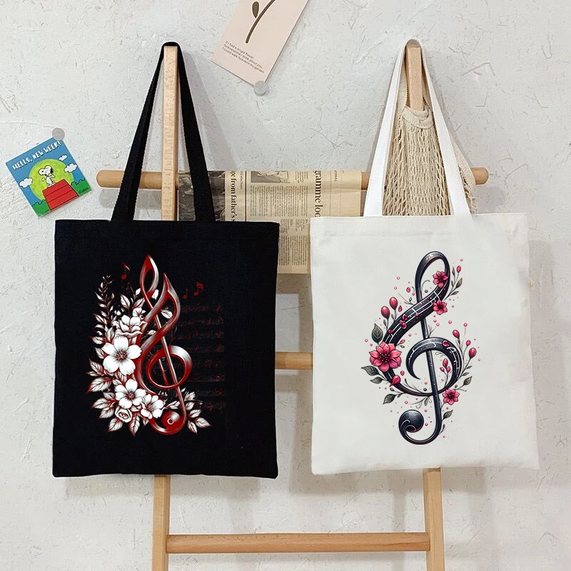 Women\'s Canvas Shoulder Bag Floral Music Note Graphic Print Shopping Bags Vintage Fashion Tote Bag Female Music Lovers Handbags