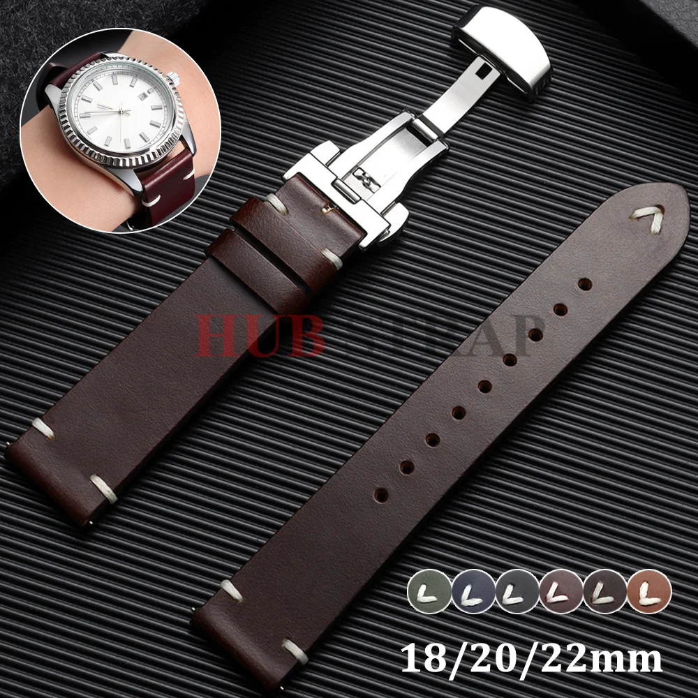 Bracelet de montre en cuir huilé vintage 18mm 20mm 22mm pour Seiko, boucle papillon, sangle en cuir de vachette cousue pour bracelet de montre Omega