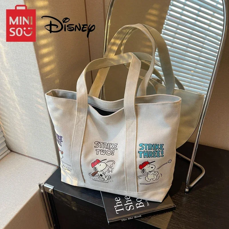 MINISO Disney New Series Cartoon Cute Canvas Bag Women Large Capacity Handbag Casual Tote Bag Snoopy Printing  Zip Shoulder Bag