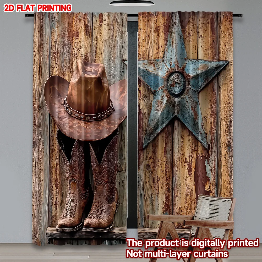 

2D flat printing 2pcs Curtain Cowboy Hat and Boots Digital Printed Polyester Drapes Family Party Use for Holiday Parties Home