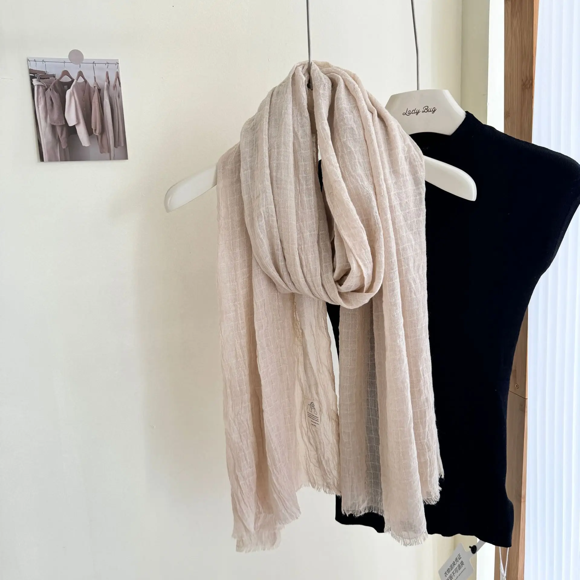 Cotton Linen Scarf Pleated Waffle Texture Women's Spring and Autumn Thin Solid Color Cotton Yarn Shawl Dual-purpose Long Winter