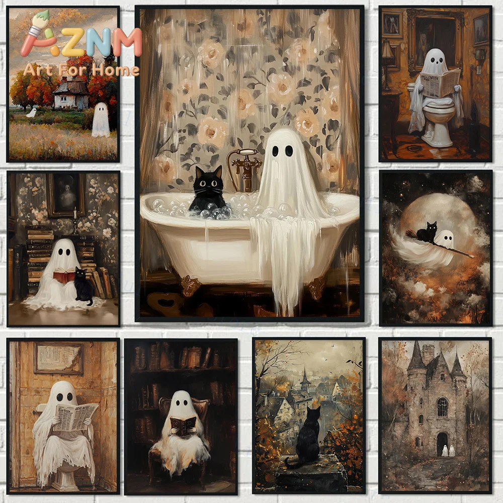 Cute Witch Ghost & Cat in Bathtub Autumn Landscape Halloween Spooky Poster Canvas Painting Wall Art Pictures Home Decor