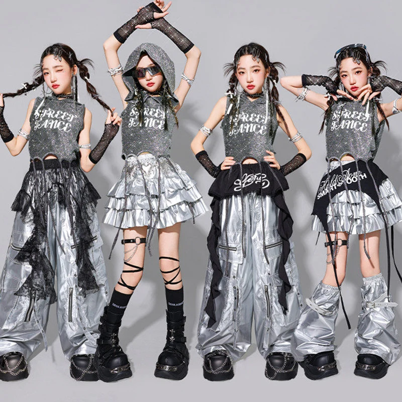 

Kpop Dance Clothes Jazz Outfit Girls School Performance Show Clothing Glitter Sleeveless Hoodie Silver Skirt Hip Hop Pants 3938