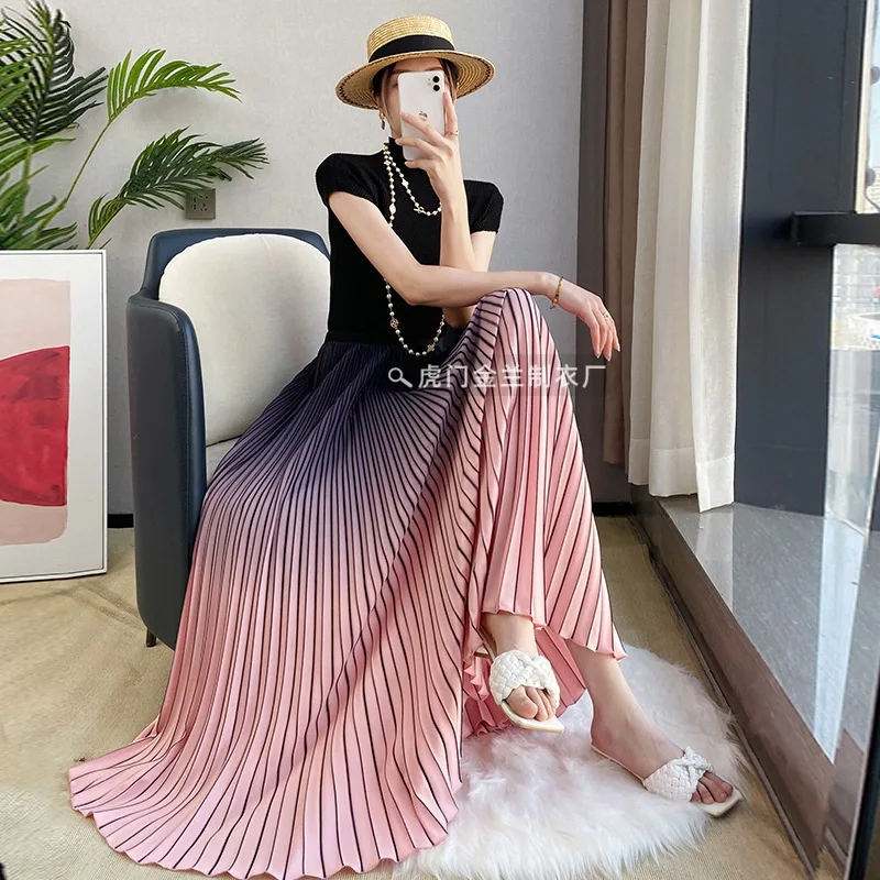 

Pleats Pleated Dress Original Gradient Color Half-skirt Spring And Summer Slim Large Size Dress Long Commuter Pleated Skirt