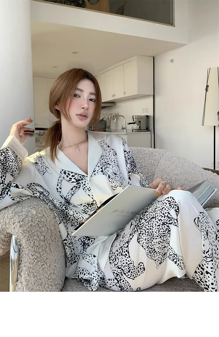 

Женский элегантный костюм Clothland с леопардовым принтом, рубашка с длинными рукавами, широкие брюки, пижама, домашняя одежда, домашняя одежда TA772