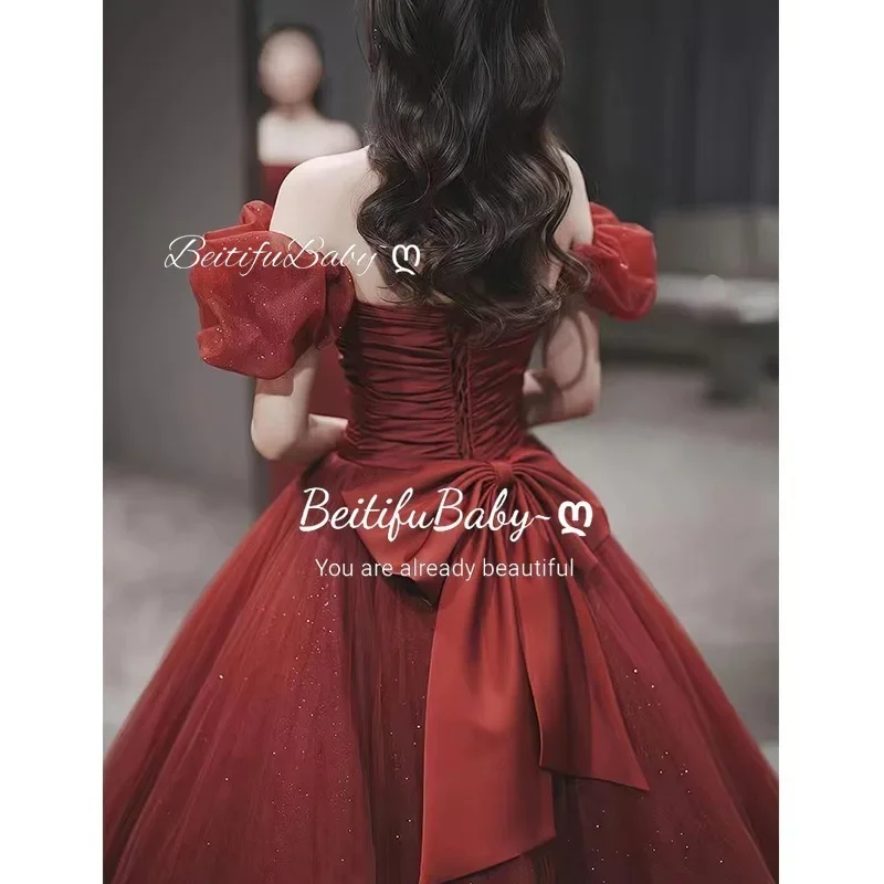 BeitifuBaby Princess Style Evening Dress Square Neck Bubble Short-sleeved Bow Decoration Banquet Gown Party Dresses for Women