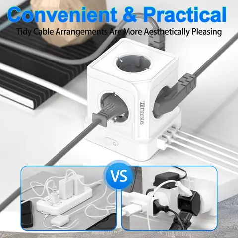 EU-kontakt Tower-eluttag med 5 AC-uttag, 3 USB, 1 Typ C och switch, flera uttag med överspänningsskydd för hemmet 10 best sales skrivbordsuttag - №6