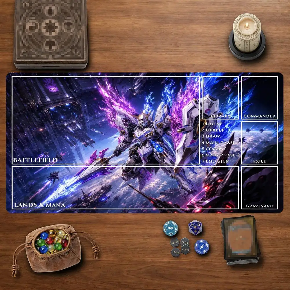 Space Mecha Warrior Purple Blue Flame TCG Playmat 35X60CM Magic Card Battle Mat Non‑Slip Durable Stitched Edge Tabletop Playmat
