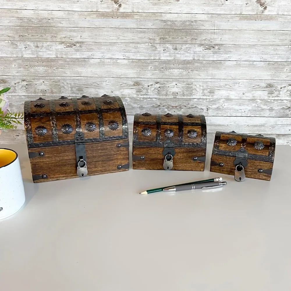 صندوق الكنز الخشبي الكبير ذو الطابع القراصنة مع قفل ومفتاح على الطراز العتيق، صندوق تخزين مزخرف للمقتنيات #5