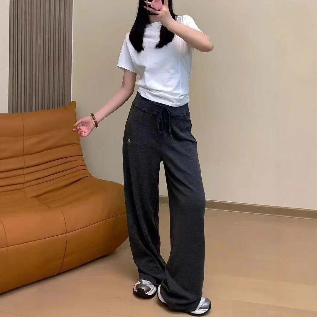2026 Pantalones anchos de punto de cintura alta para mujer, corte relajado drapeado con cordón, pantalones deportivos informales para salón