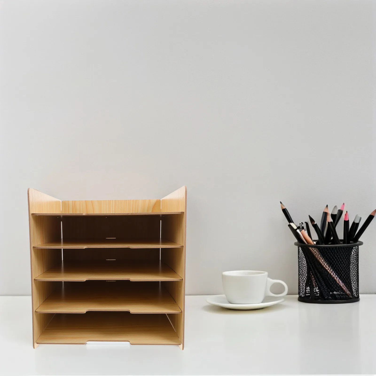 Wooden Multi-Layer Desk File Organizer Tiered Document Sorter for Office Home School Warehouse Stylish Sturdy Space-Saving