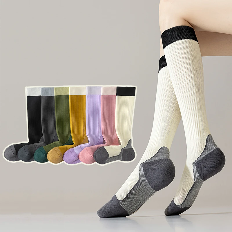 

318 Four Seasons Women's Professional Sports Socks Calf Pressure Pure Cotton Yoga Running And Cycling Mid Cap Knee Length Socks