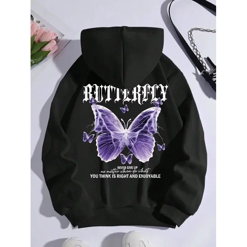 Beautiful Purple Butterfly Printing Hoodies Women Fleece Pocket Hoody Simple Casual Hoodie Autumn Loose Female Streetwear