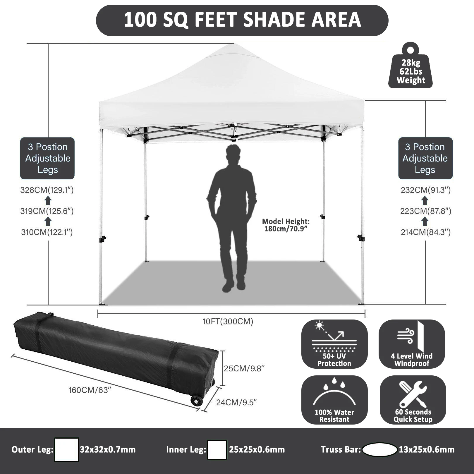 10x10FT Pop Up Canopy Tent with 4 Sidewalls Heavy Duty Commercial Party Tent UPF 50+ Sun Shade Waterproof Outdoor Gazebo Windproof Event Shelter w/ Roller Bag view 8