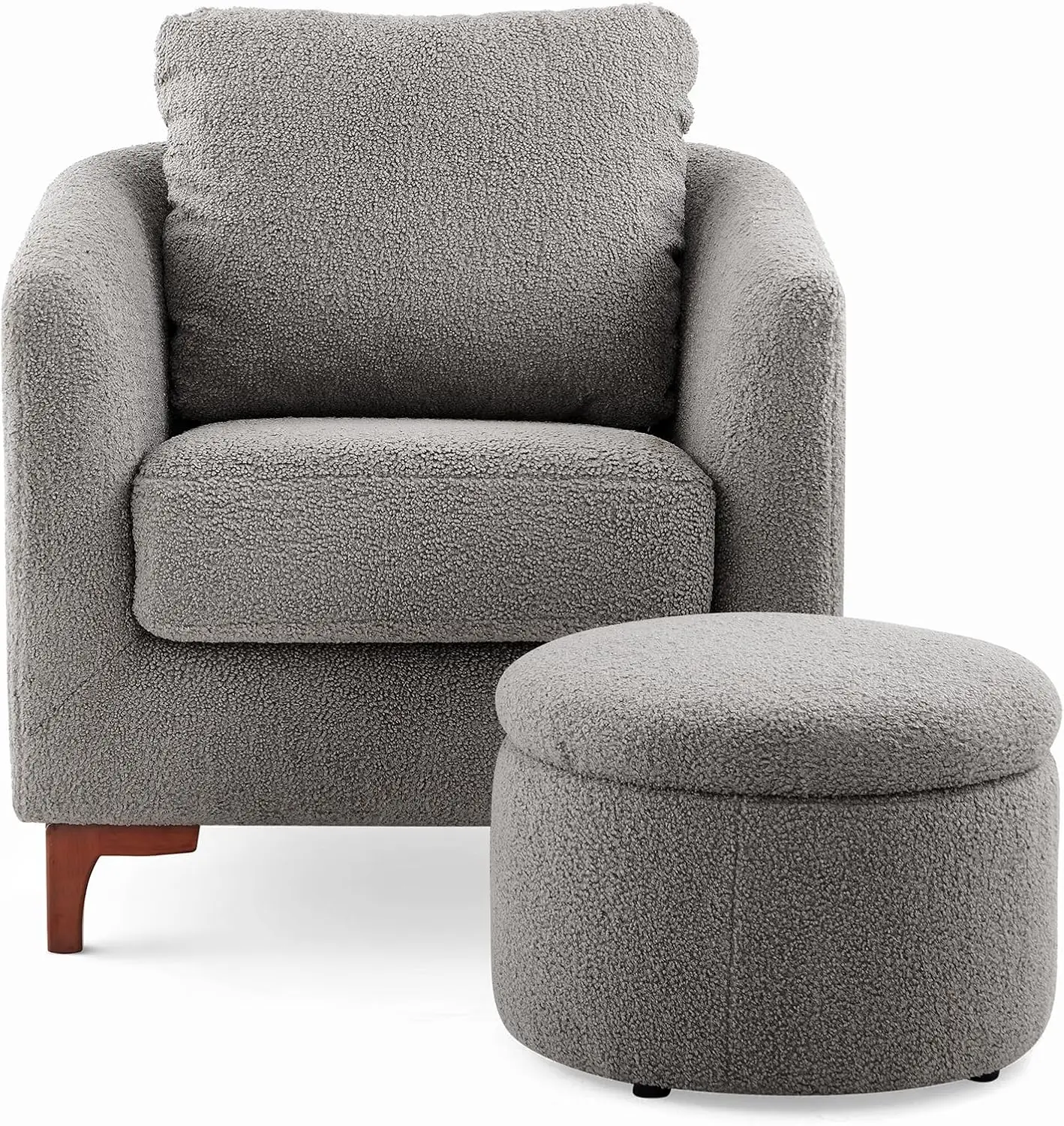 

Sherpa Accent Chair with Storage Ottoman Set Upholstered Barrel Arm Chair with Footrest Grey Household