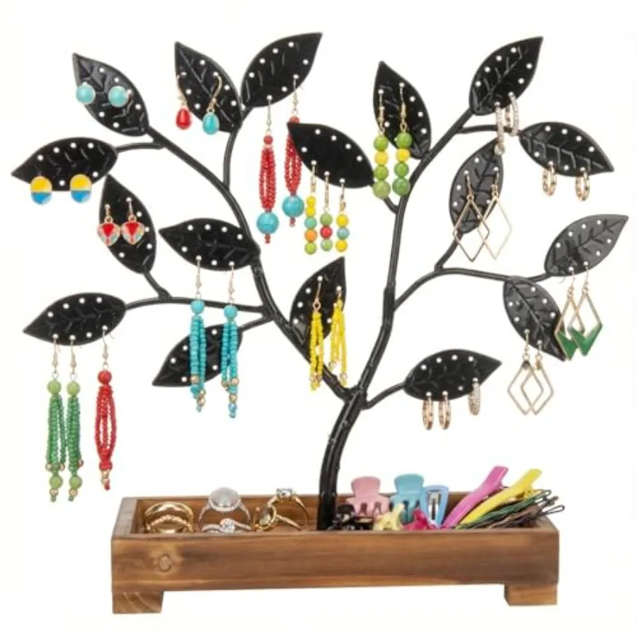 

Стеллаж для хранения сережек, органайзер, матовый черный металлический ювелирный дерево, ожерелье и вешалка для браслета с деревянным подносом для колец, держатель для безделушек