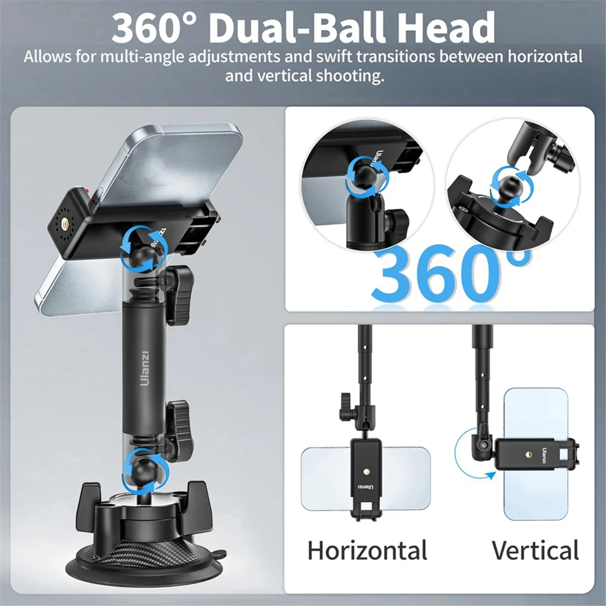 COTS-tUlanzi ZJ01 Camera Suction Cup Mount 360° Rotation with Phone Clamp Windshield Camera Bracket for GoPro Camera