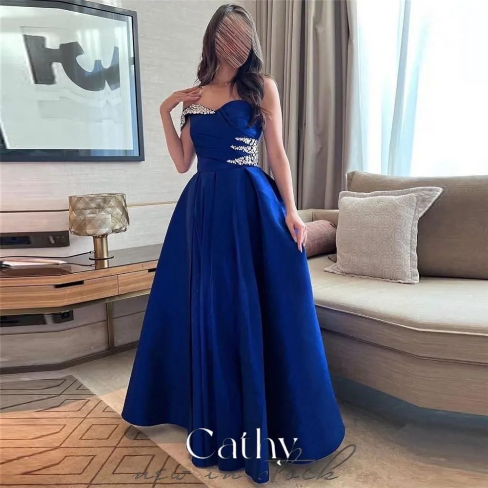 

Cathy Sexy One Sleeve A-line فساتين مناسبة رسمية Sapphire Blue Thick Satin Prom Dress 2023 Sequins On Chest Vestidos De Noche