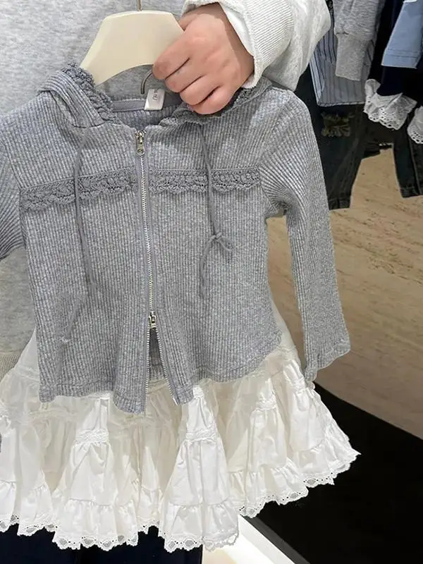 Sweet Sli Baby Girl's Korean Sle Set with Lace Trim f Skirt Two-Piece Suit Trendy Commute Long Sve  Color